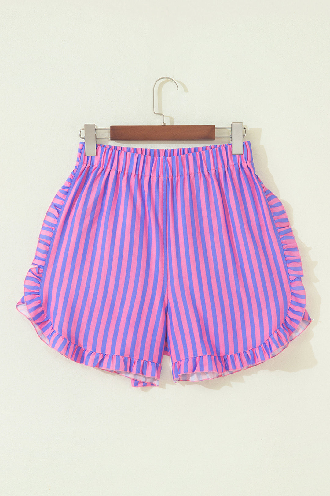 Stripe Elastic Waist Ruffle Trim Casual Shorts