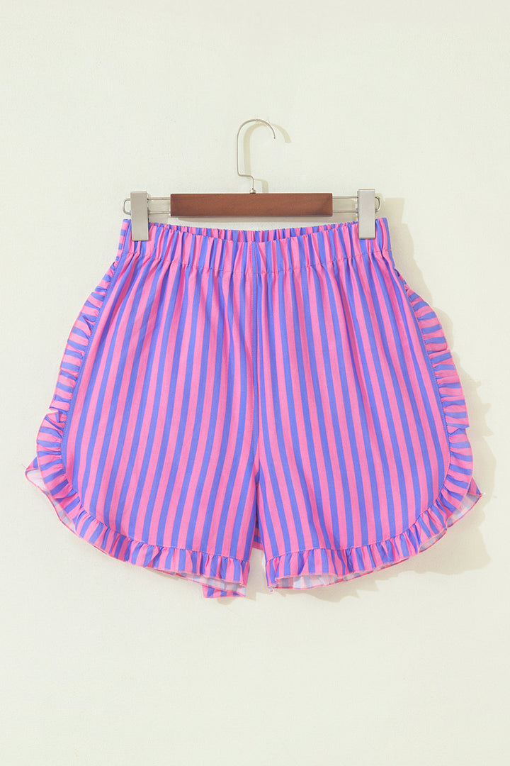 Stripe Elastic Waist Ruffle Trim Casual Shorts