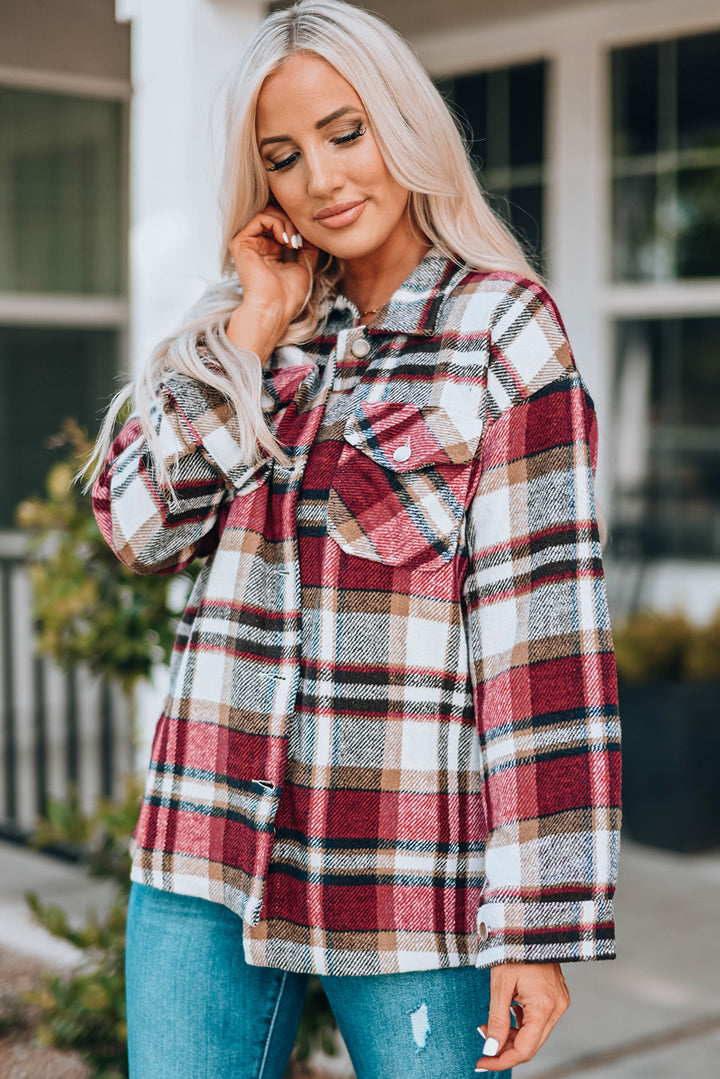 Geometric Plaid Print Pocketed Shacket -