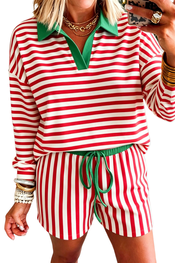 Red Stripe Colorblock Trim Polo Collar Drawstring Elastic Waist Band Casual 2pcs Outfit