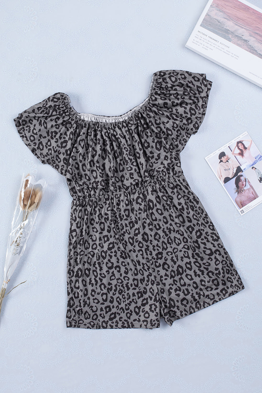 Leopard Print Ruffle Pocket Off Shoulder Romper