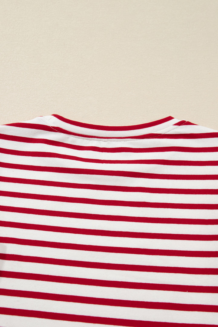 Red Stripe Round Neck Ruffle Trim Long Sleeve Top