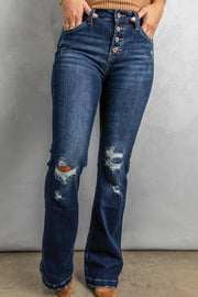 Dark Blue Washed Distressed Flare Bootcut Jeans - Blue / S