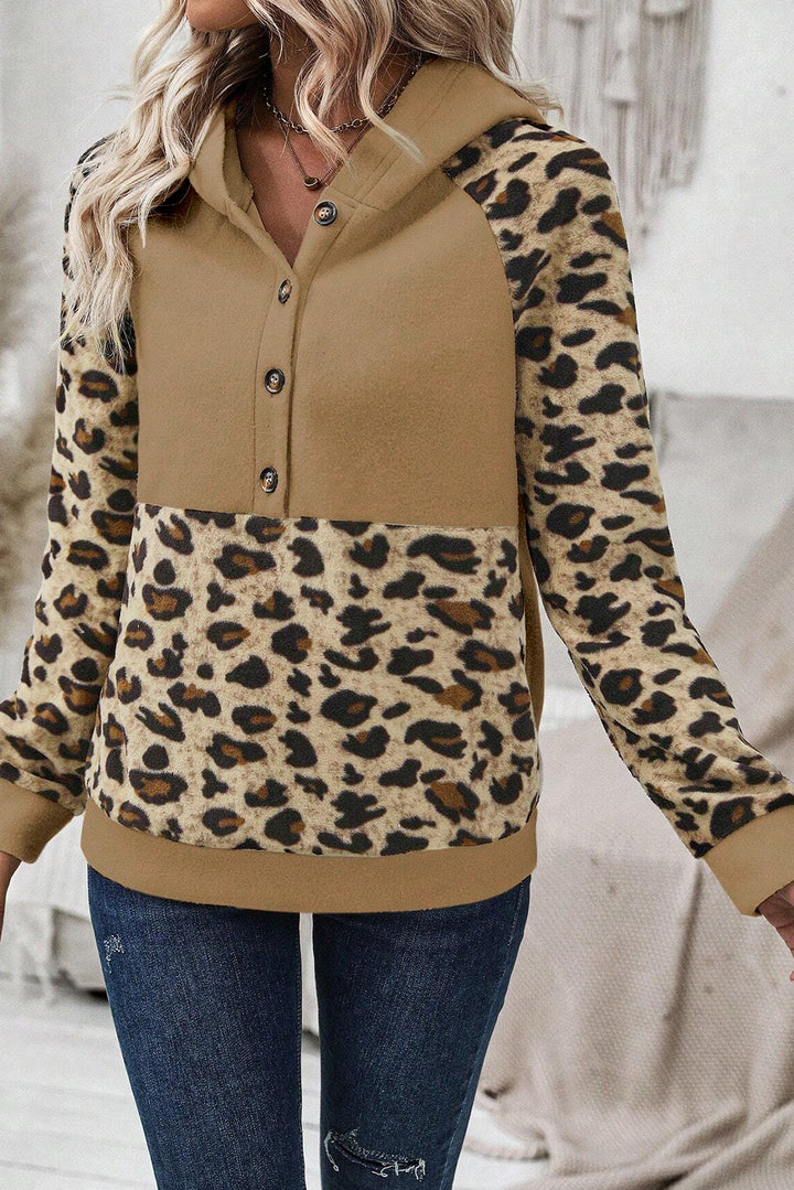 Leopard Print Patchwork Raglan Sleeve Half Buttons Hoodie