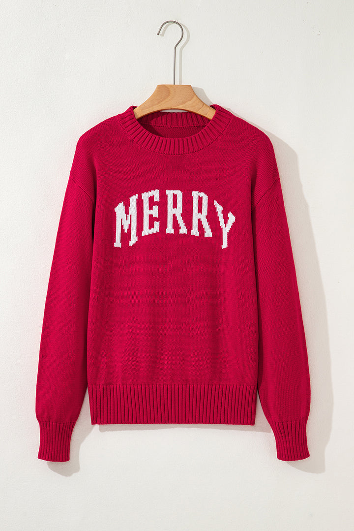 Fiery Red MERRY Letter Pattern Christmas Holiday Baggy Sweater
