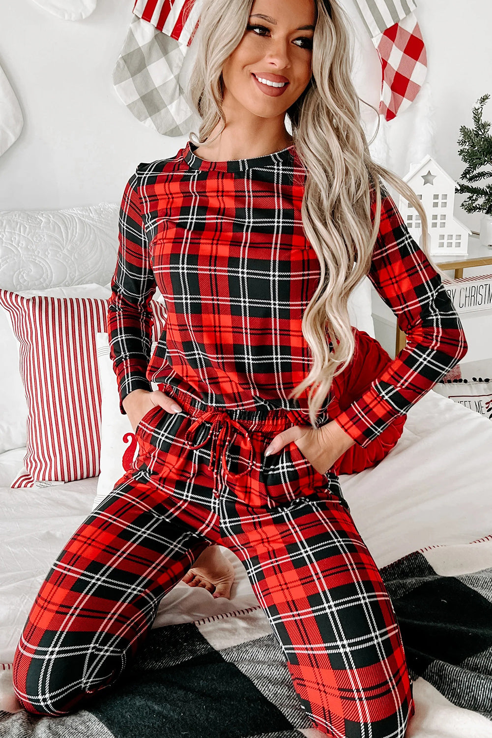 Red Festive Plaid Print Round Neck Long Sleeve and Pants 2 Piece Lounge Set