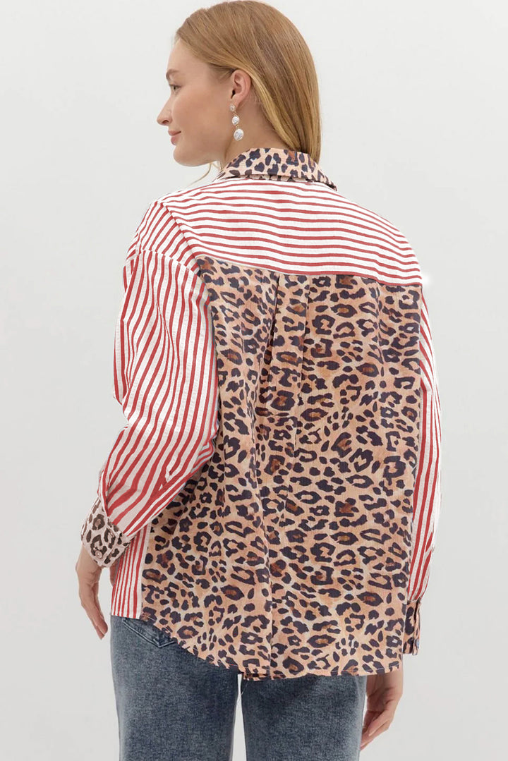 Red Striped Leopard Print Patchwork Button Up Women's Shirt