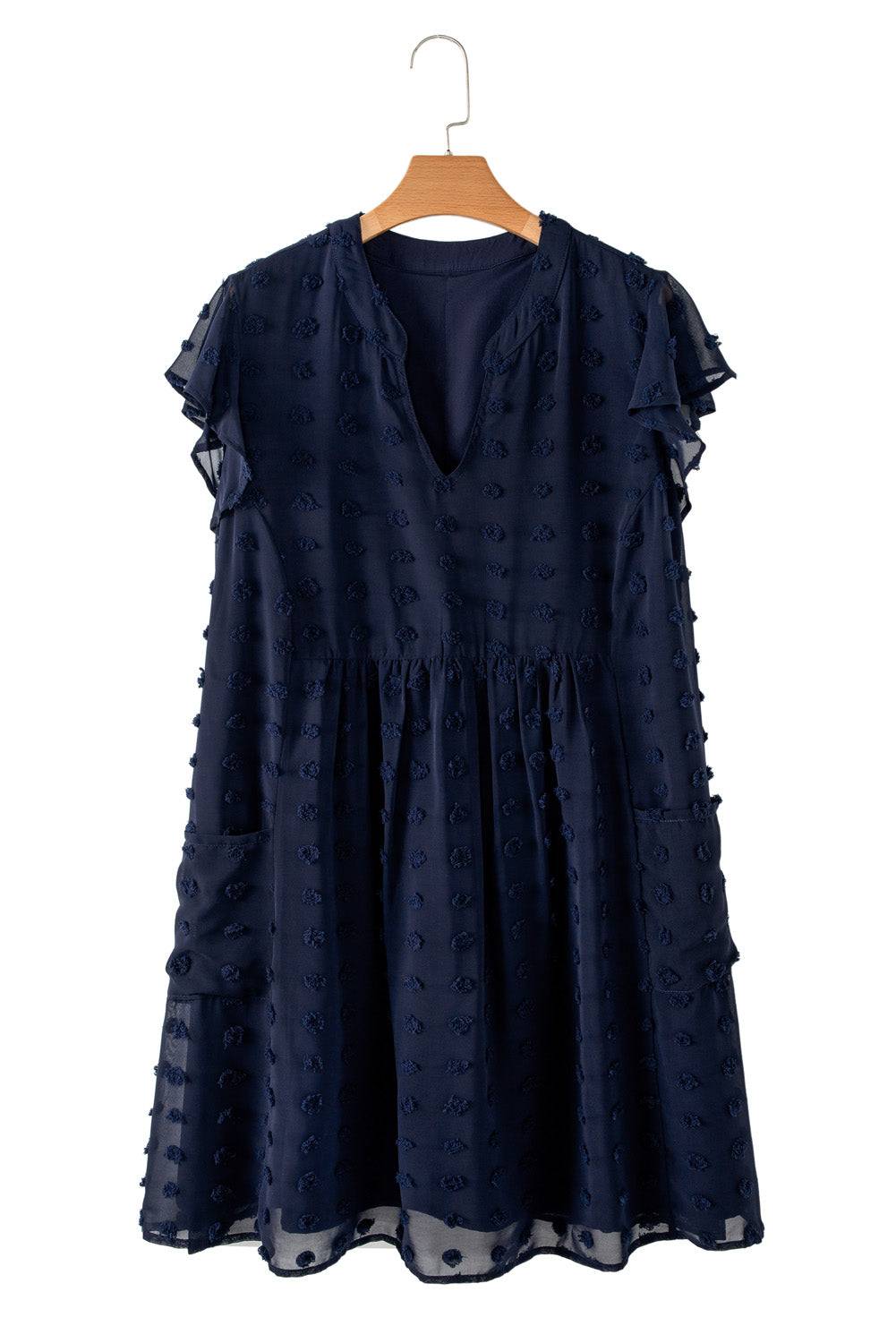 Studio shot of Navy Blue Dotty Textured Notched Neck Plus Ruffled Dress on hanger, ideal for plus-size summer fashion at Faith & Co. Boutique.