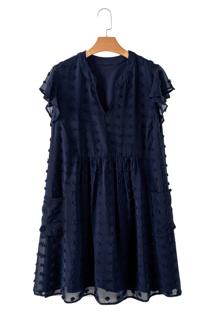 Studio shot of Navy Blue Dotty Textured Notched Neck Plus Ruffled Dress on hanger, ideal for plus-size summer fashion at Faith & Co. Boutique.