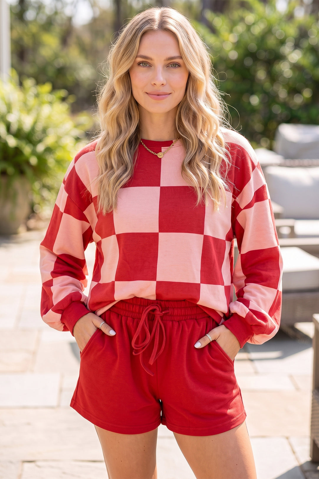 Checkerboard Plaid Long Sleeve Solid Color Shorts 2pcs Set