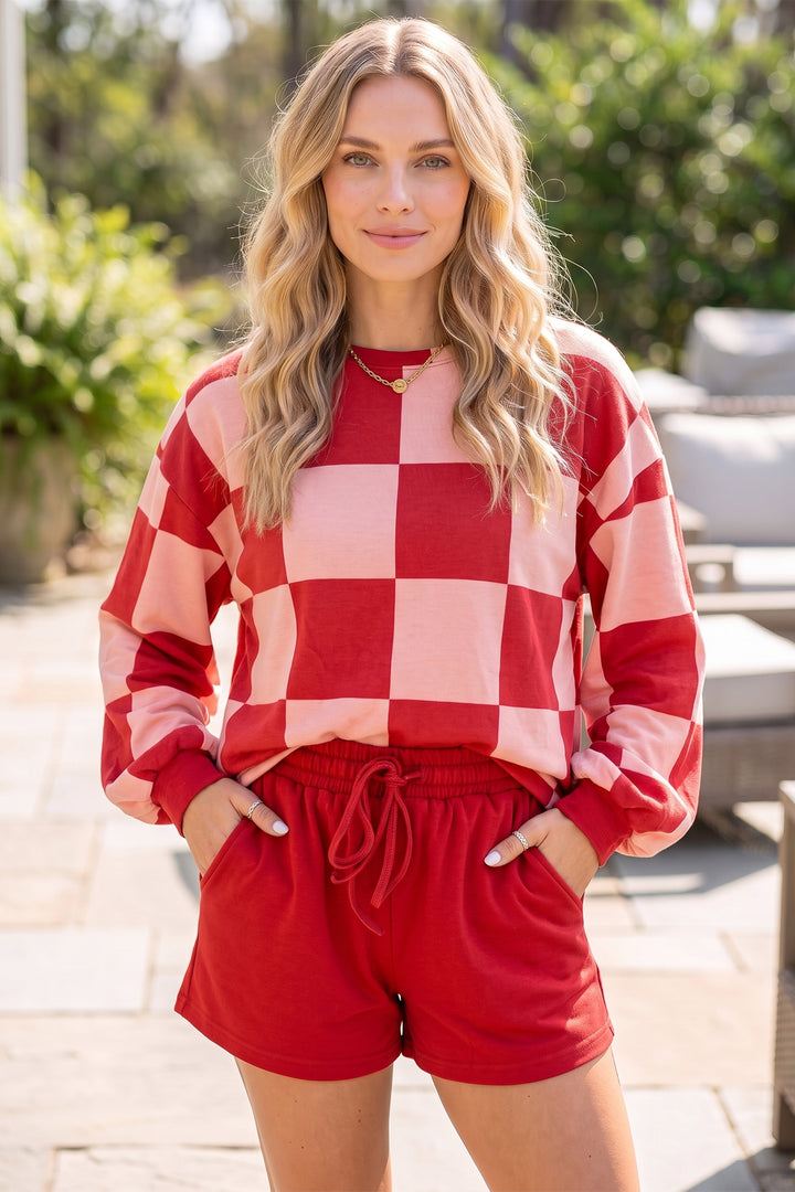 Checkerboard Plaid Long Sleeve Solid Color Shorts 2pcs Set