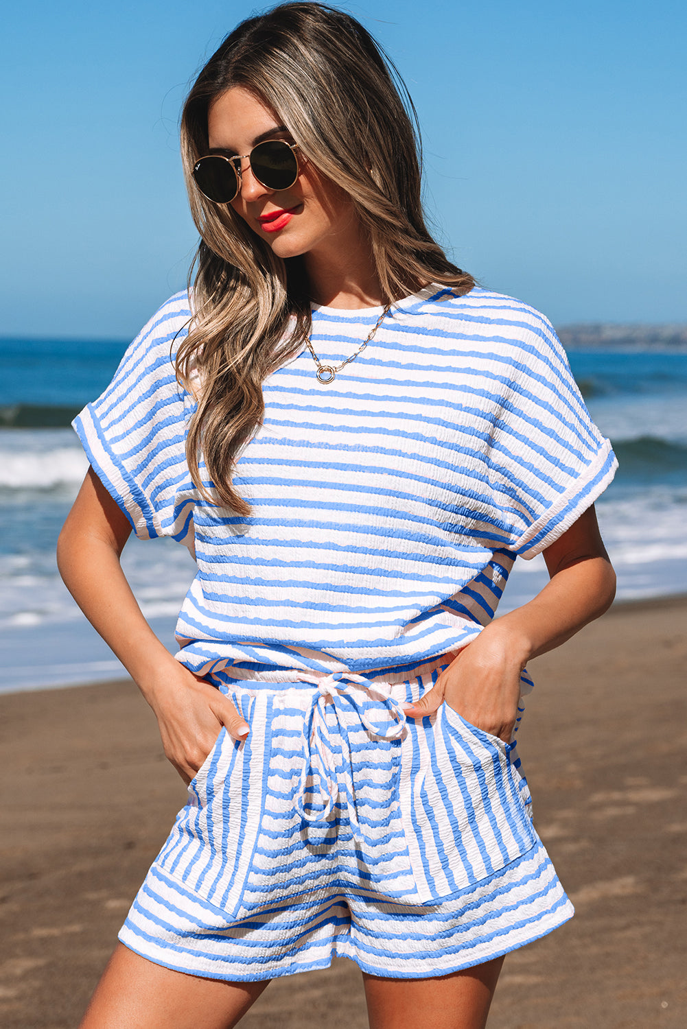 Stripe Knitted Short Sleeve Top and Drawstring Shorts Set