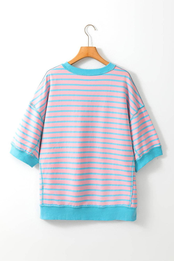 Stripe Oversized Contrast Trim Exposed Seam High Low T Shirt