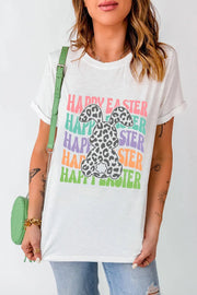 White Happy Easter Rabbit Graphic Crew Neck T Shirt -