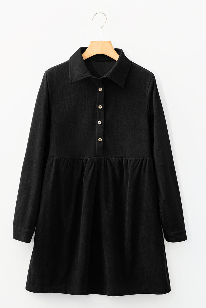Corduroy Half Button Collared Long Sleeve Mini Dress