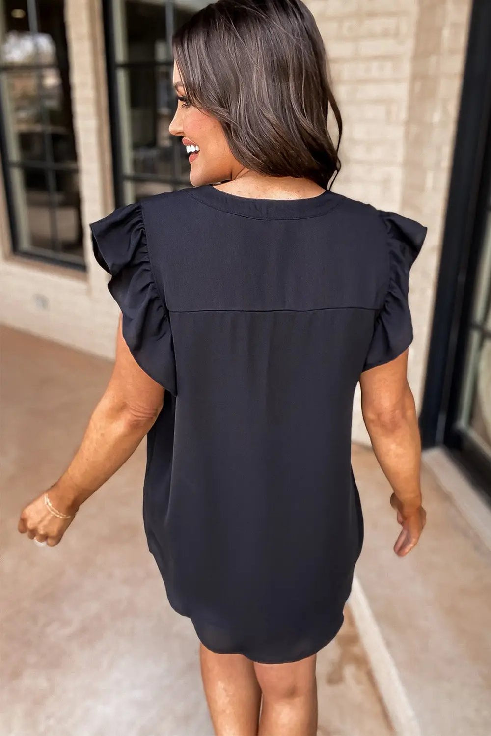 Notched Neck Ruffle Sleeve Blouse -