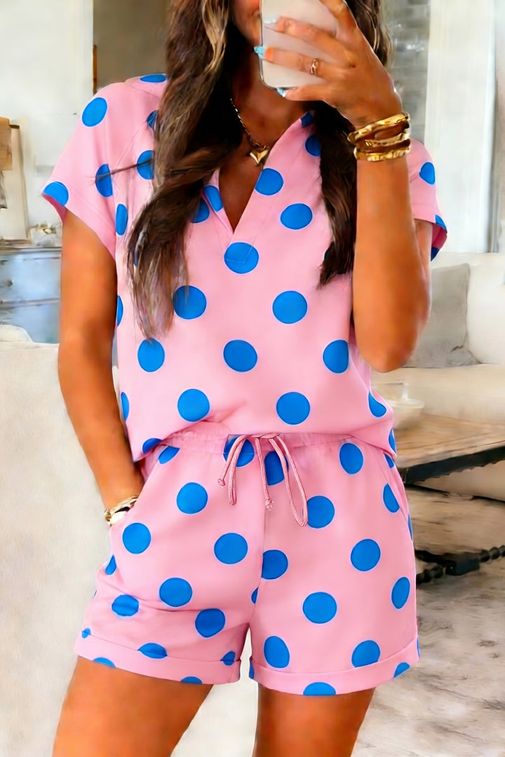 Polka Dot Print V Neck Tee Short Set