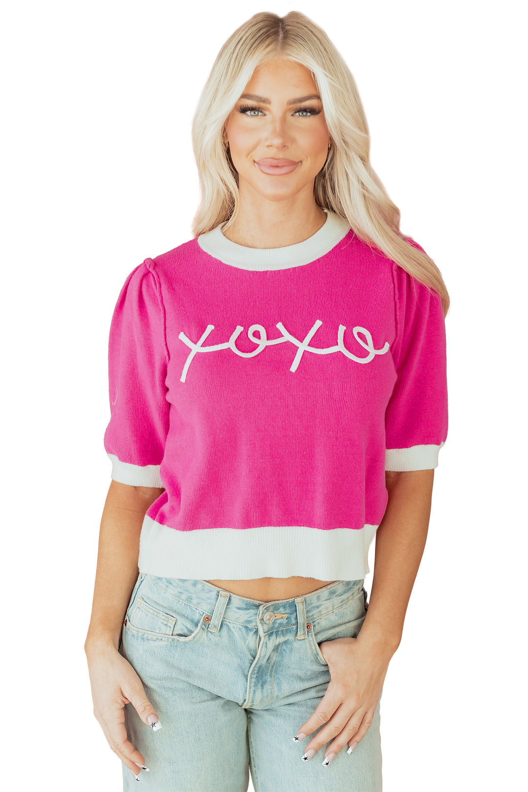 Bright Pink XOXO Embroidered Graphic Valentines Contrast Trim Crew Neck Short Puff Sleeve Sweater Tee