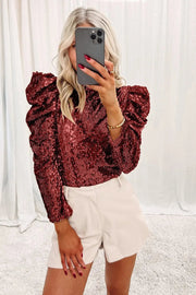 Apricot Sequin Mock Neck Ruched Puff Sleeve Top -