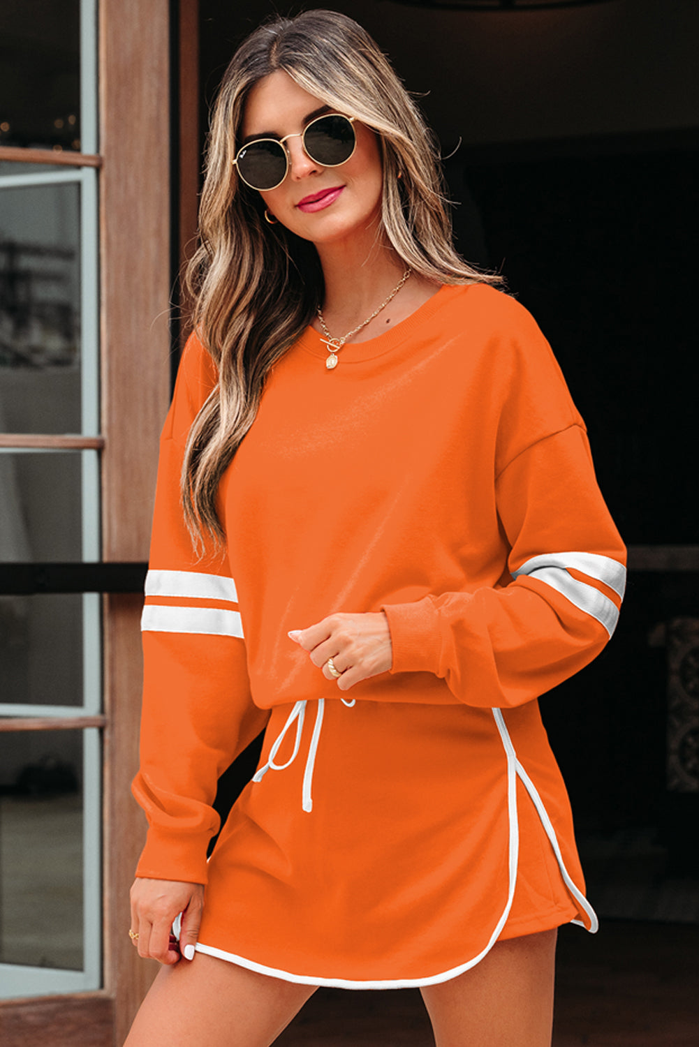 Varsity Stripe Detail Drop Shoulder Pullover Mini Skirt Set