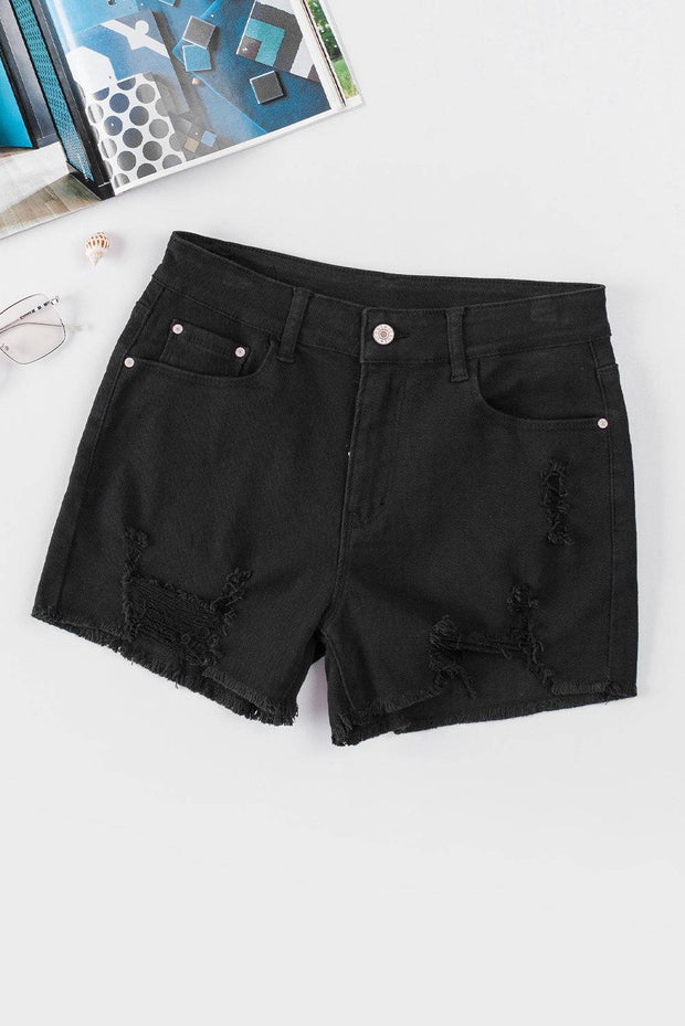 Black Solid Color Distressed Denim Shorts -
