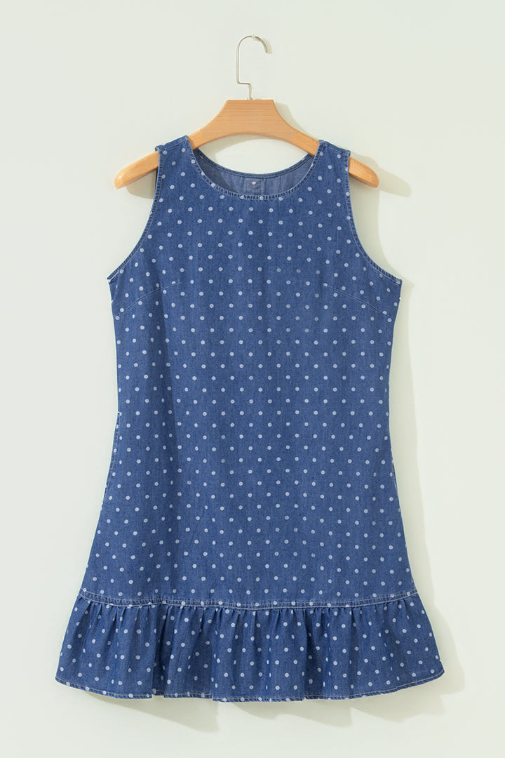 Blue Polka Dot Ruffle Hem Sleeveless Shift Dress Mini Vacation