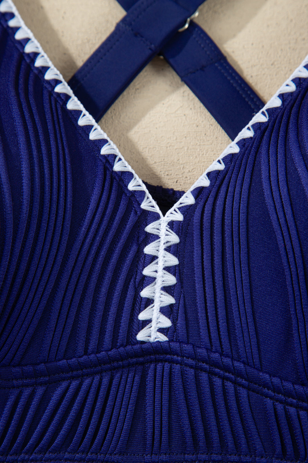 Stitched Trim V Neck Textured Mix and Match High Waist Bikinis