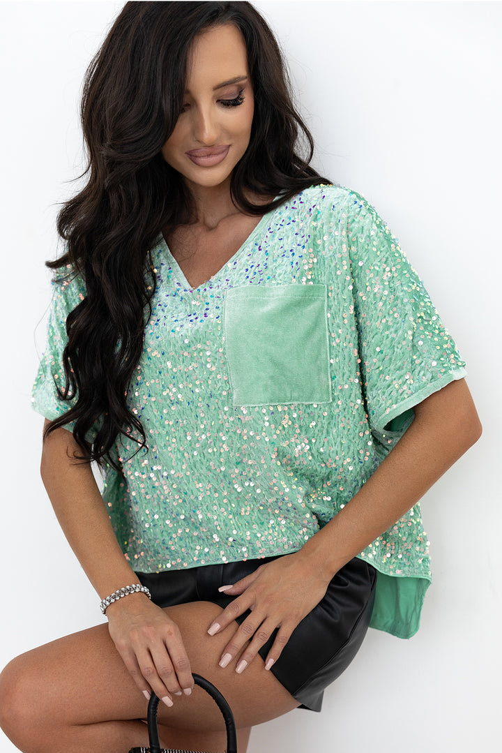 Moonlight Jade Sequin Batwing Sleeve V Neck Velvet Blouse