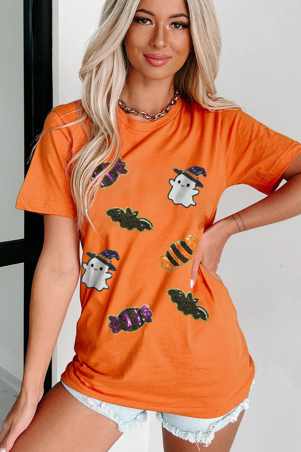 Sequined Halloween Spirit Pattern Patched Custom Casual Tee