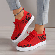 Lace-Up Leopard Flat Sneakers - Red / 36(US5)