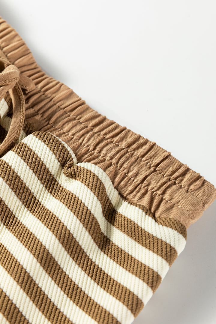 Brown Stripe Textured Drop Shoulder Pullover Top Drawstring Mini Skirt Two Piece Dress Set