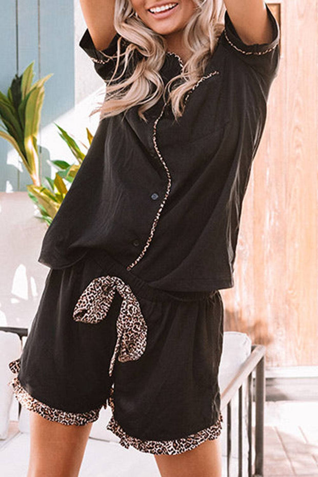 Black Leopard Contrast Shirt & Drawstring Shorts Loungewear Set - Black / S