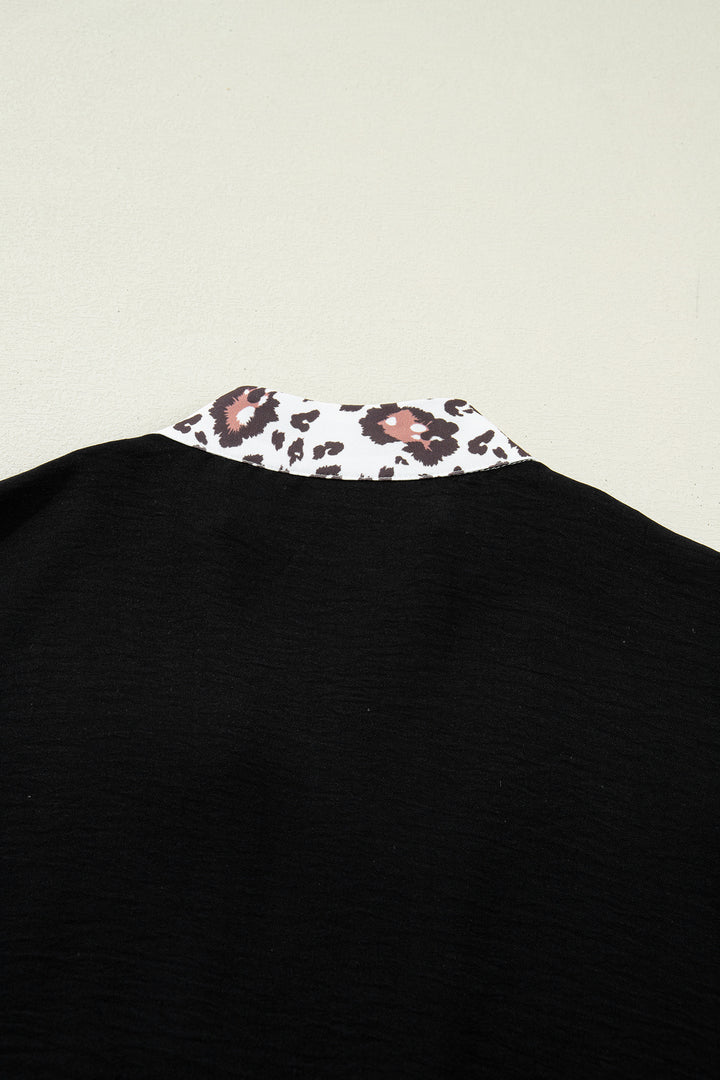 Black Dolman Half Sleeve Leopard Patchwork Trim V Neck Blouse