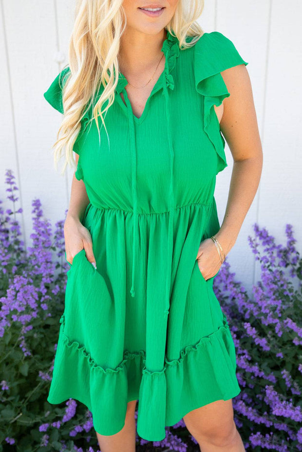 Bright Green Split V Neck Elastic Waist Ruffled Mini Dress - Bright Green / S