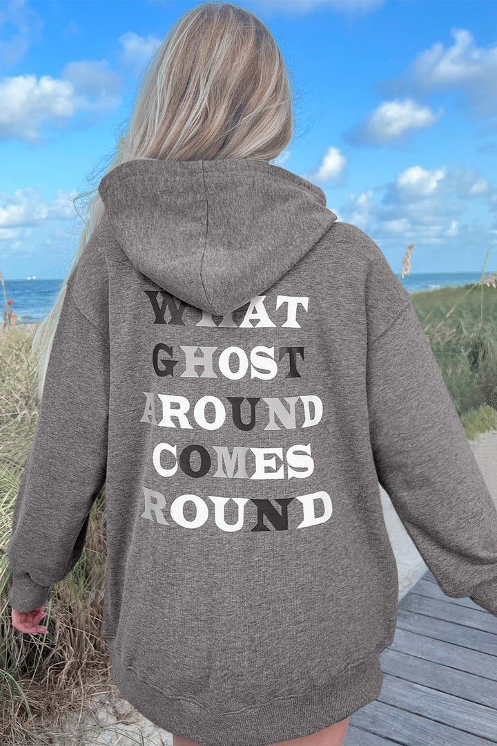 Dark Grey Cute Halloween Ghost Print Mineral Wash Oversize Hoodie