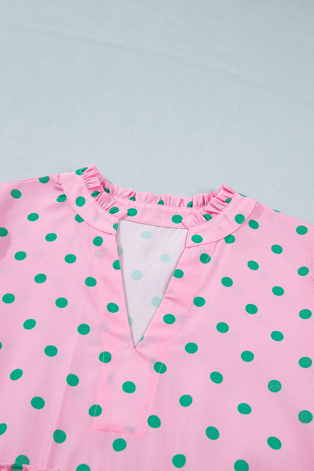 Pink Polka Dot Print V Neck Short Sleeve Tiered Mini Dress