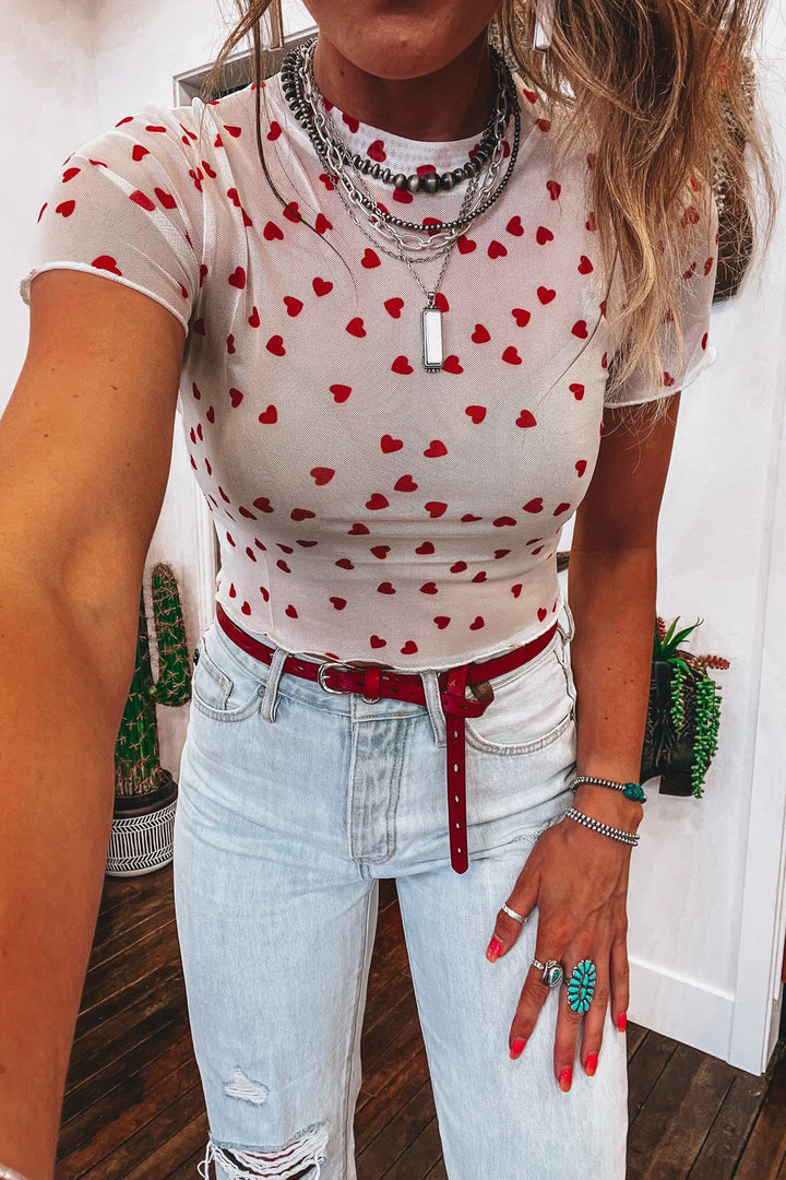 Red Allover Heart Print Mesh Short Sleeve Top