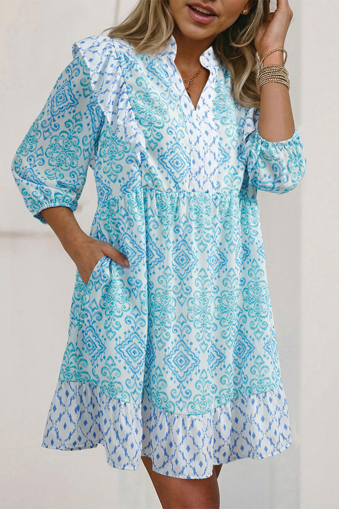 Sky Blue Boho Floral Geometric Patchwork Ruffle Detail Puff Sleeve Mini Dress