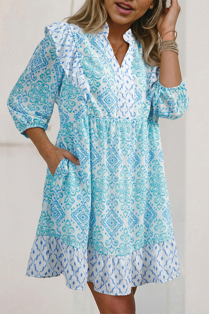 Sky Blue Boho Floral Geometric Patchwork Ruffle Detail Puff Sleeve Mini Dress