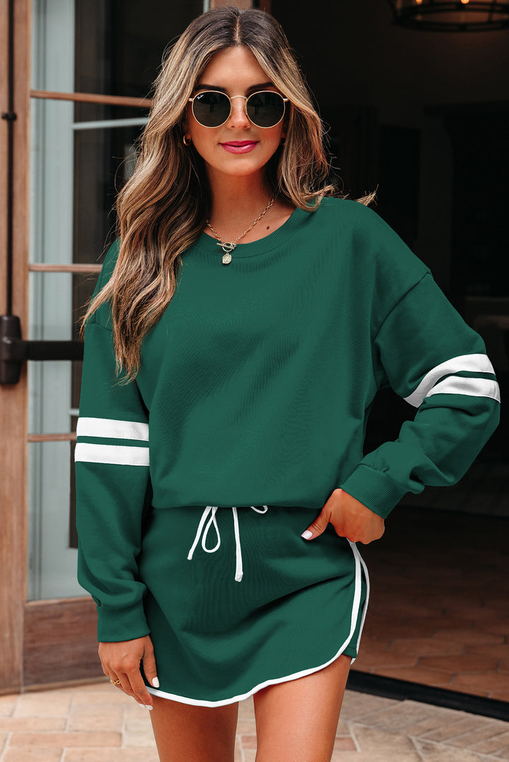 Varsity Stripe Detail Drop Shoulder Pullover Mini Skirt Set