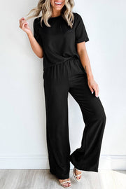 Black Solid Color T-Shirt and Wide Leg Pants Set - Black / L