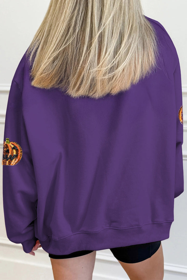 Tillandsia Purple Sequin Pumpkin Spooky Graphic Halloween Pullover Sweatshirt