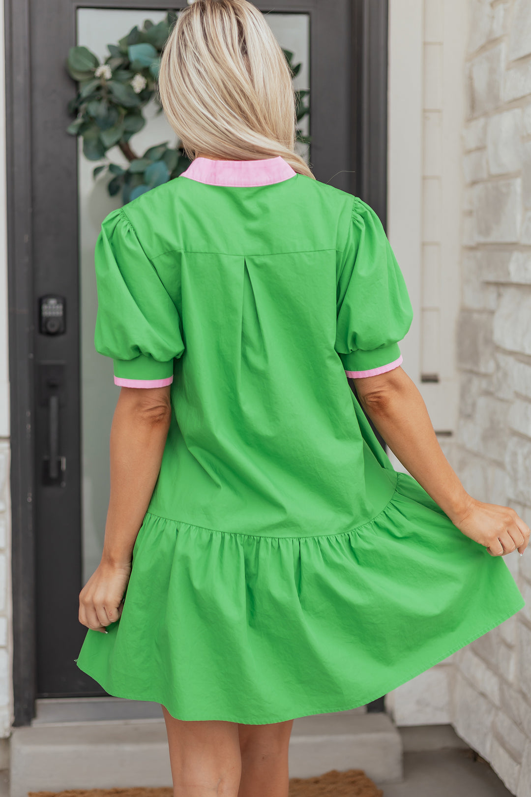 Bright Green Color Block Detail Split Neck Short Puff Sleeve Ruffle Hem Mini Dress