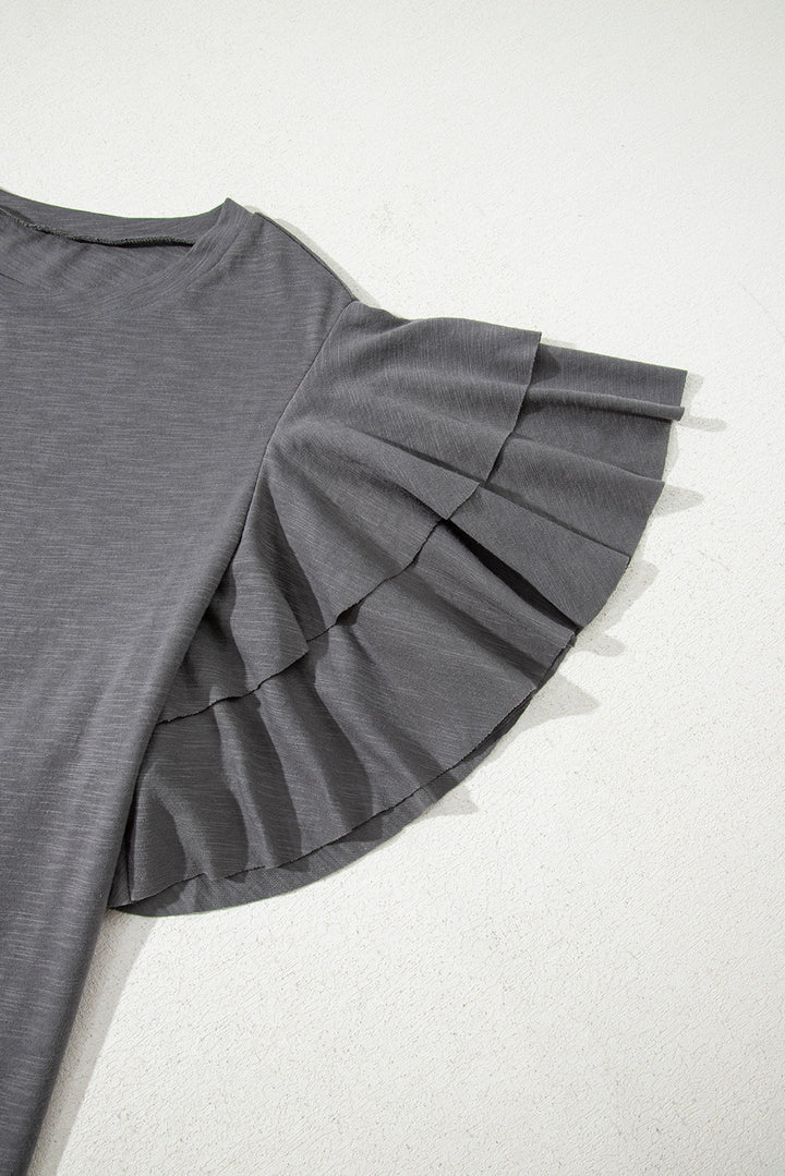 Dark Grey Double Ruffled Short Sleeve Plus Size Top