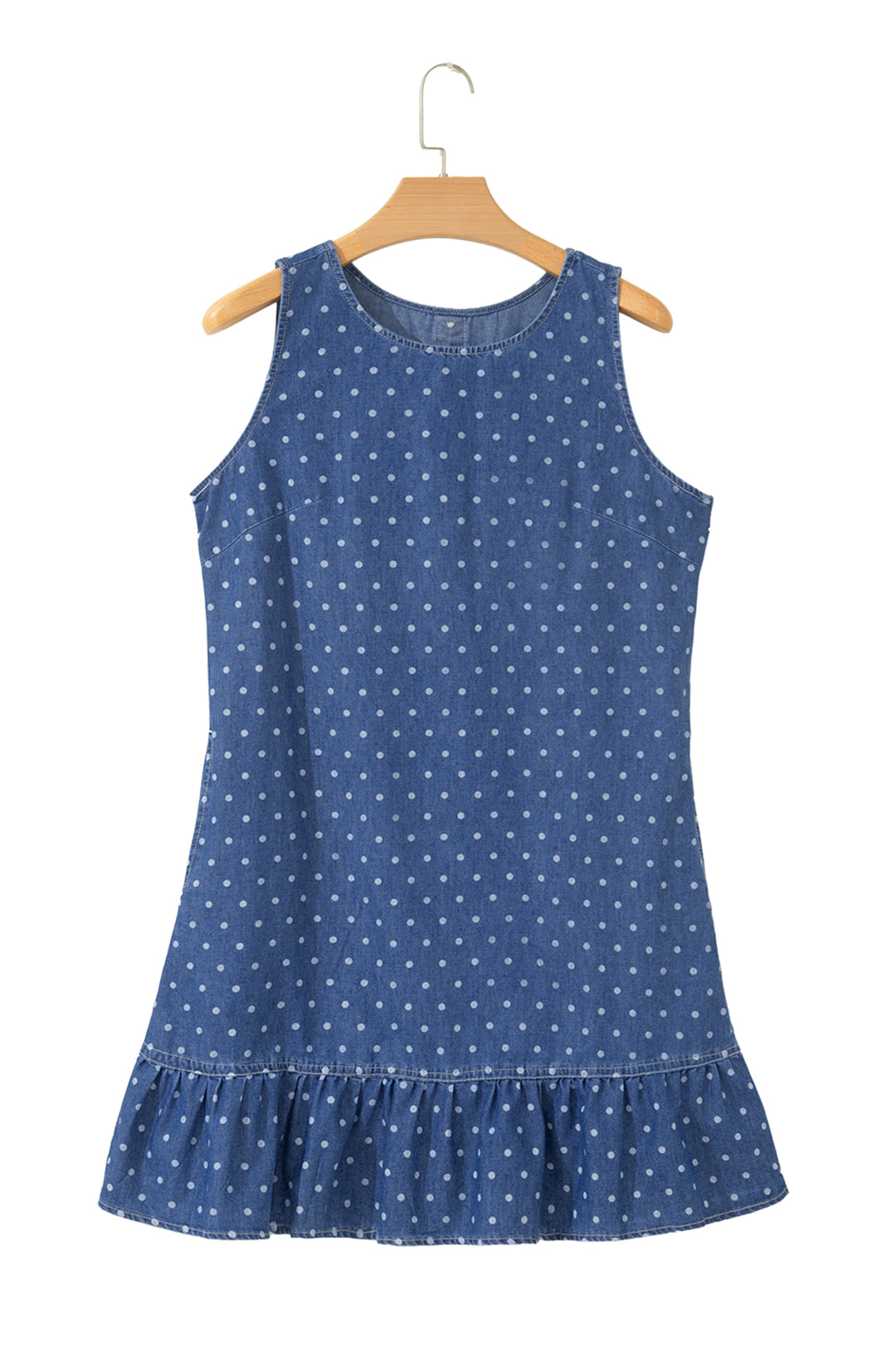 Blue Polka Dot Ruffle Hem Sleeveless Shift Dress Mini Vacation