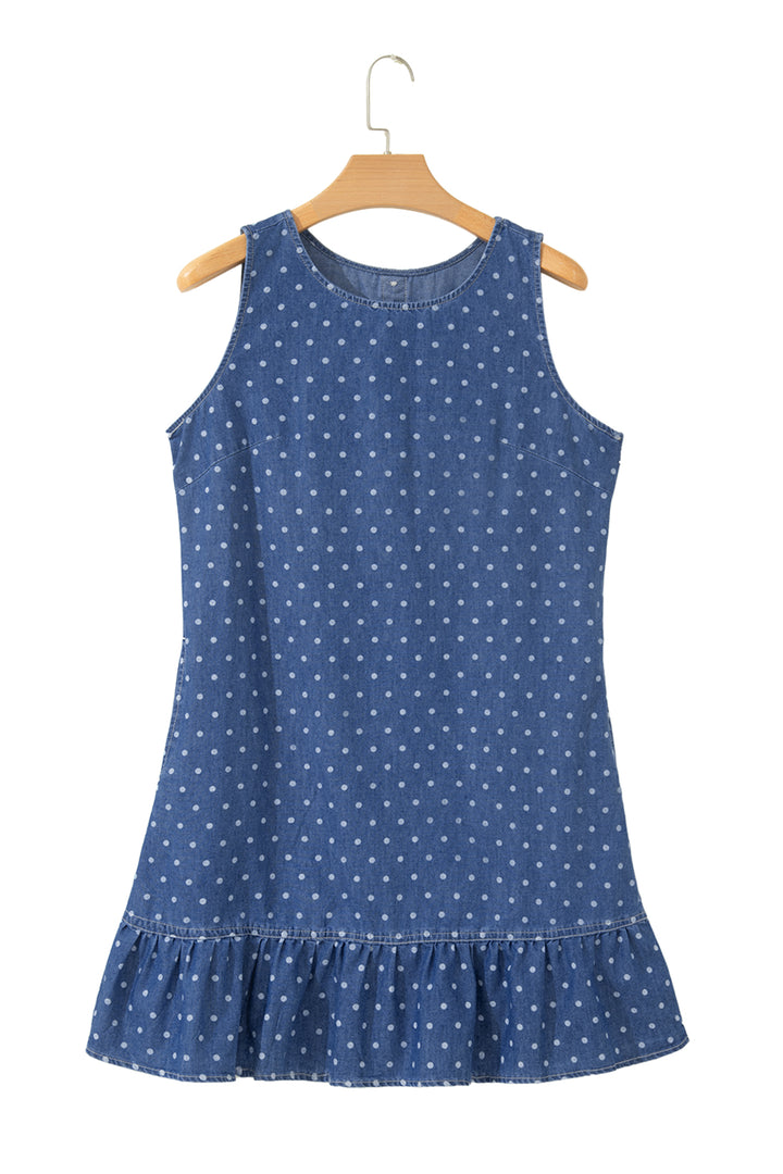 Blue Polka Dot Ruffle Hem Sleeveless Shift Dress Mini Vacation