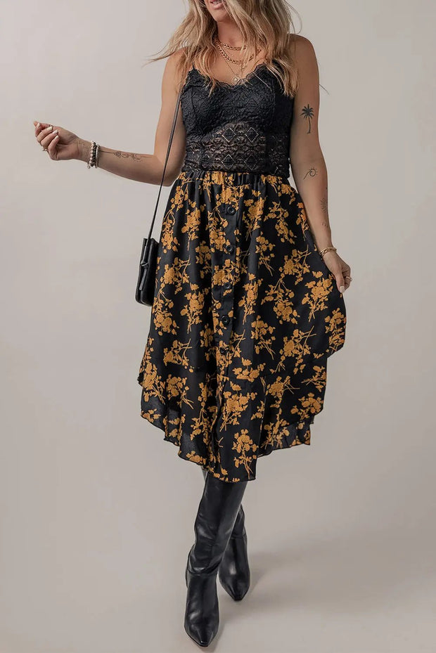 Black Printed Elastic Waist Button Decor Floral Ruffle Skirt -