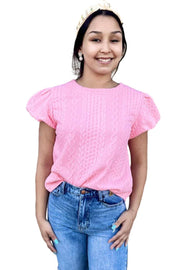 Pink Textured Puff Sleeve Round Neck T-Shirt -