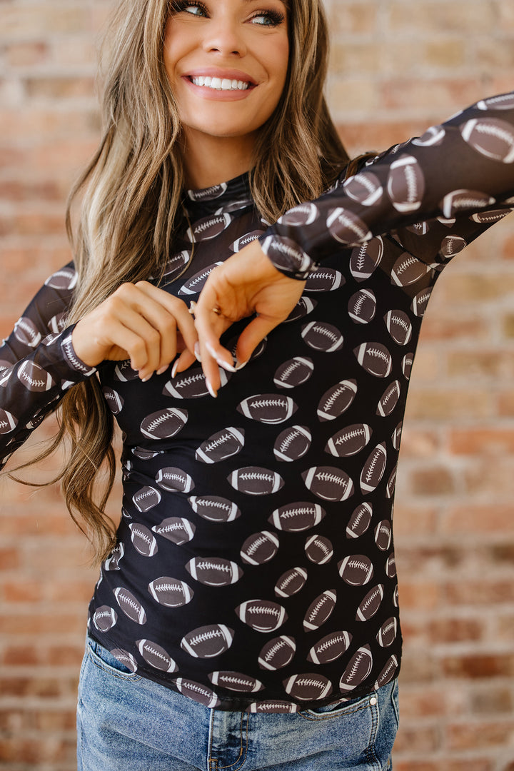 Black Game Day football Mesh Sheer Long Sleeve Top