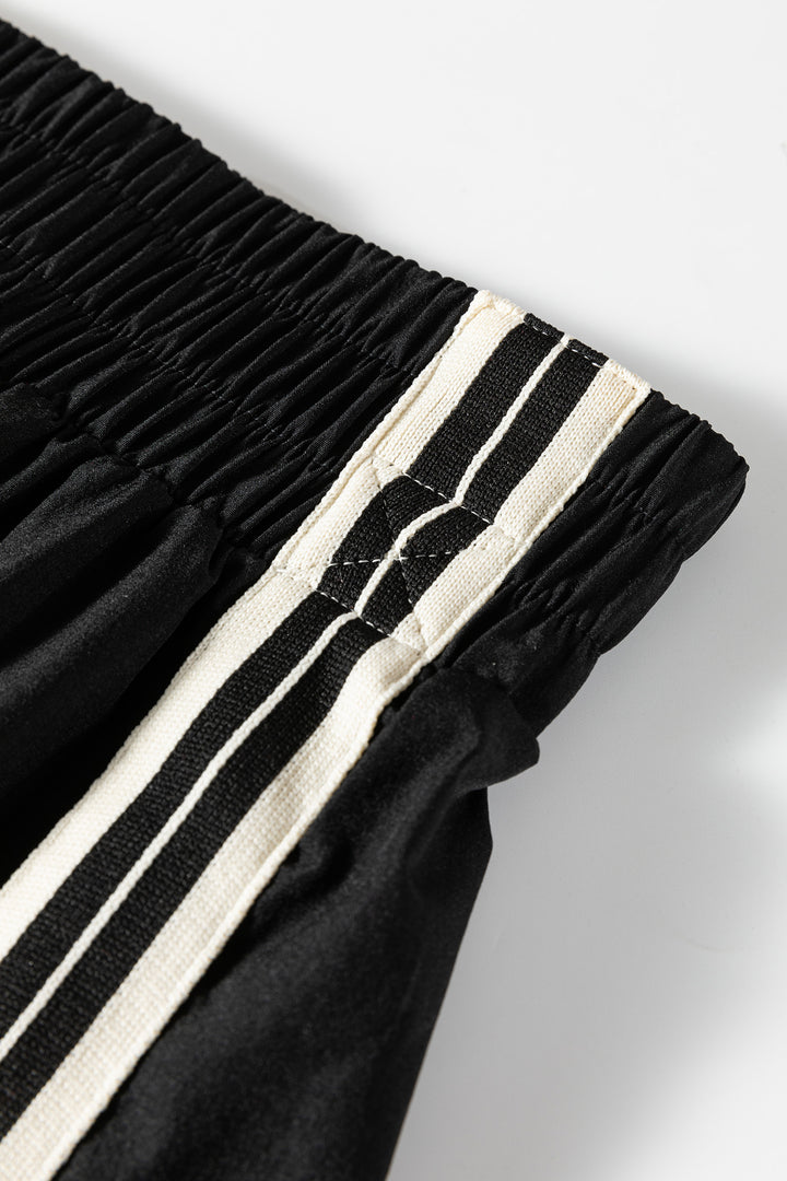 Black Elastic Waist Varsity Striped Detail Athleisure Shorts